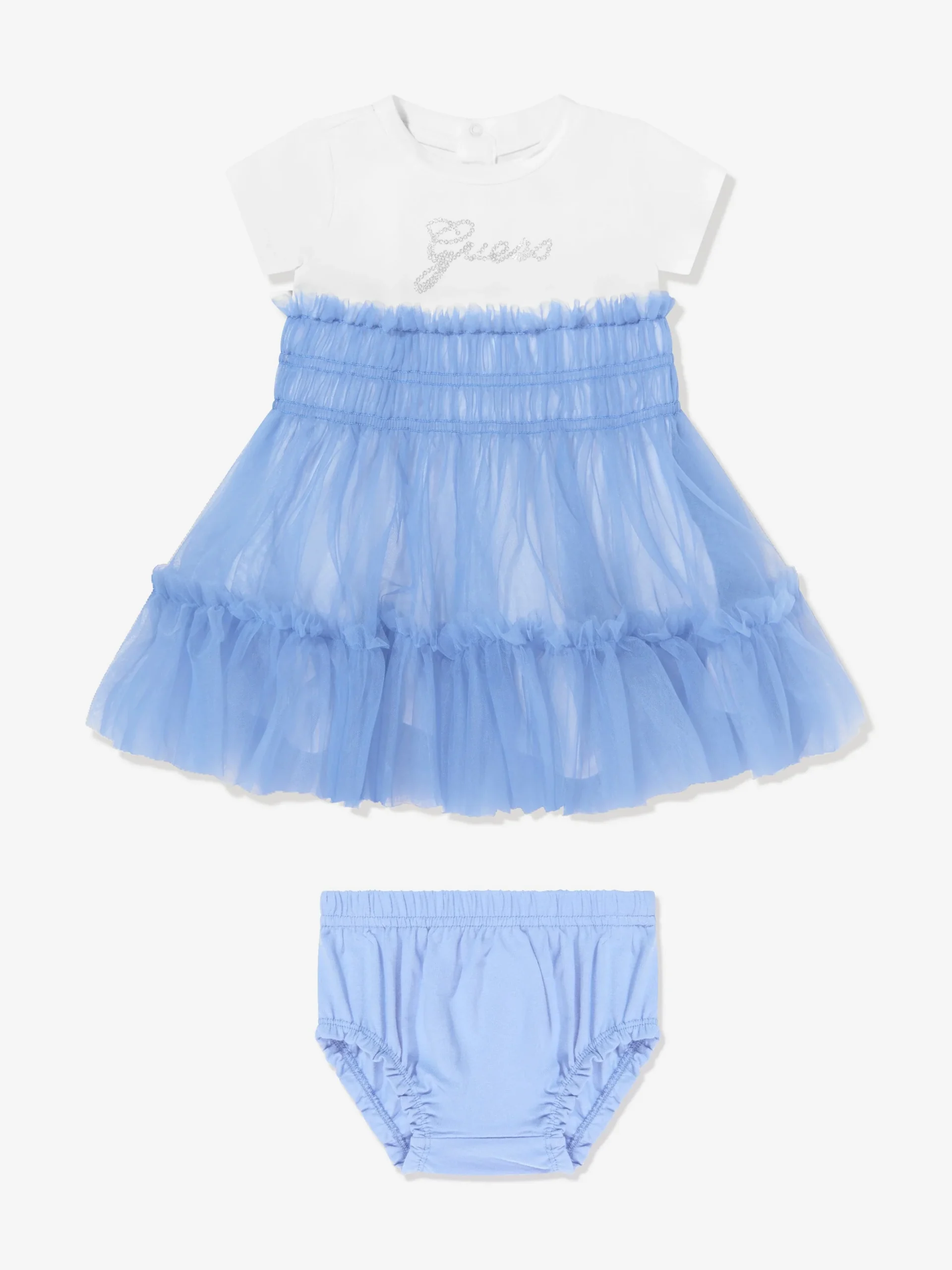 GUES6005_BLUE_1 GUESS BABY SET DRESS MIXED FABRIC ΦΟΡΕΜΑ ΜΠΛΕ - Image 1
